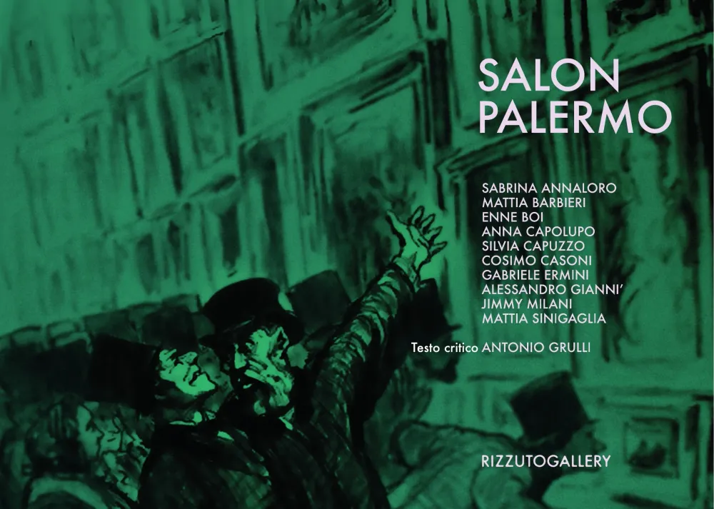 Fronte della cartolina d'invito: immagine in verde di visitatori in cilindro davanti a una parete fitta di quadri, titolo Salon Palermo e nomi degli artisti