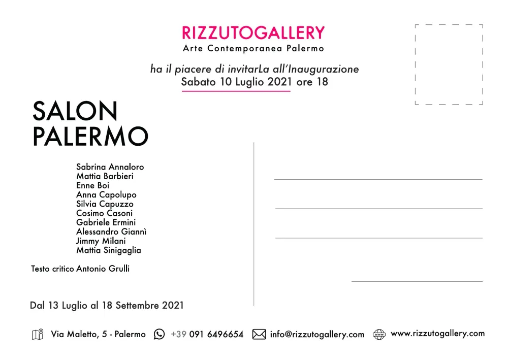 Retro della cartolina: RizzutoGallery ha il piacere di invitarLa all'inaugurazione sabato 10 luglio 2021 ore 18; elenco artisti, testo critico di Antonio Grulli, mostra dal 13 luglio al 18 settembre 2021