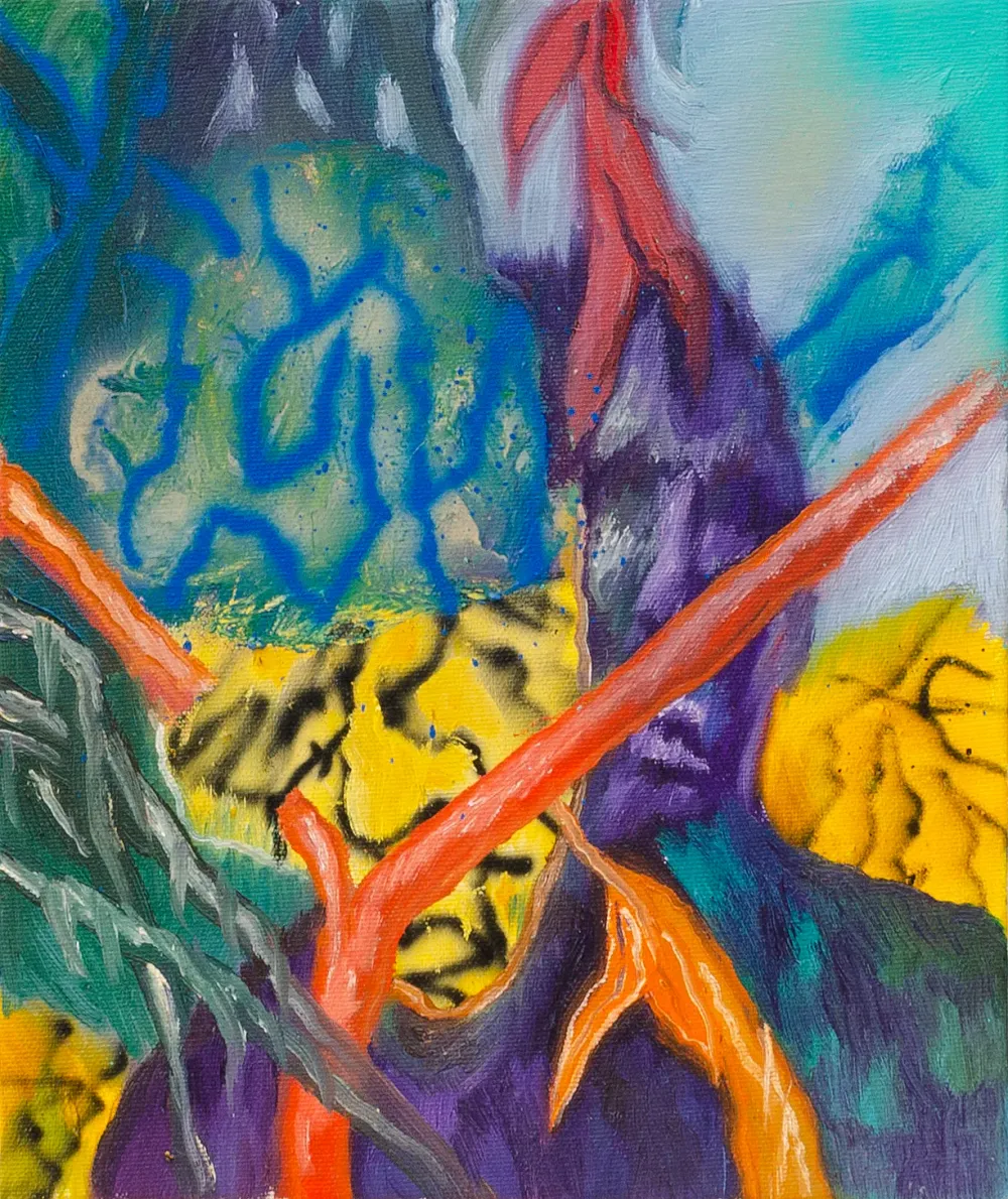 Enne Boi, Rebus (Nido), 2019, olio e spray su tela, 30 x 25 cm