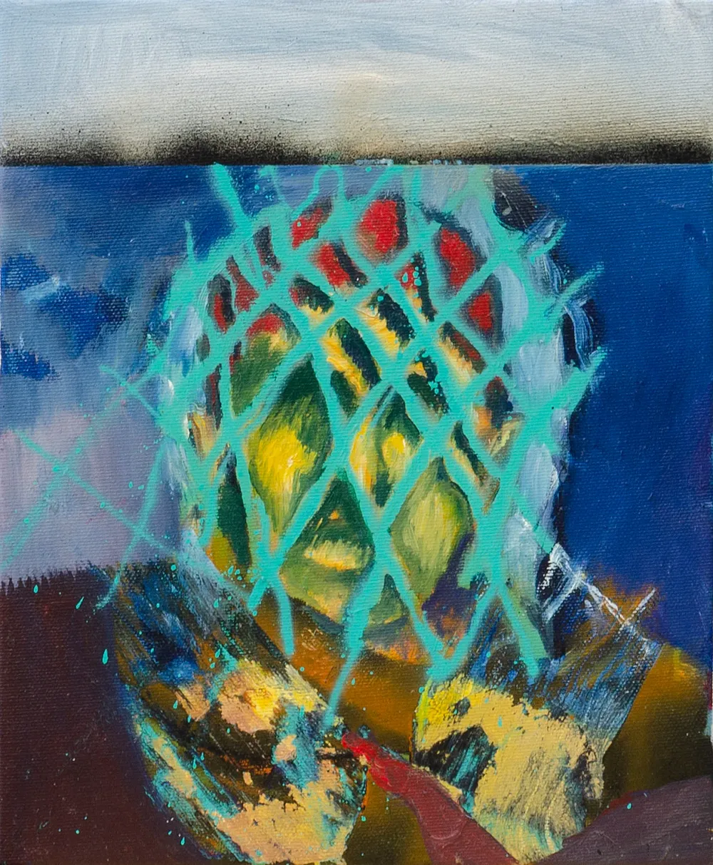 Enne Boi, Rebus (Rete), 2019, olio e spray su tela, 30 x 25 cm