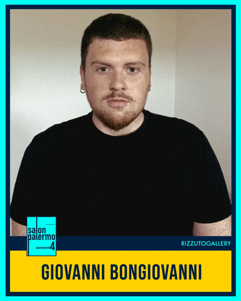 Grafica a figurina: ritratto di Giovanni Bongiovanni con cornice azzurra e fascia gialla col nome