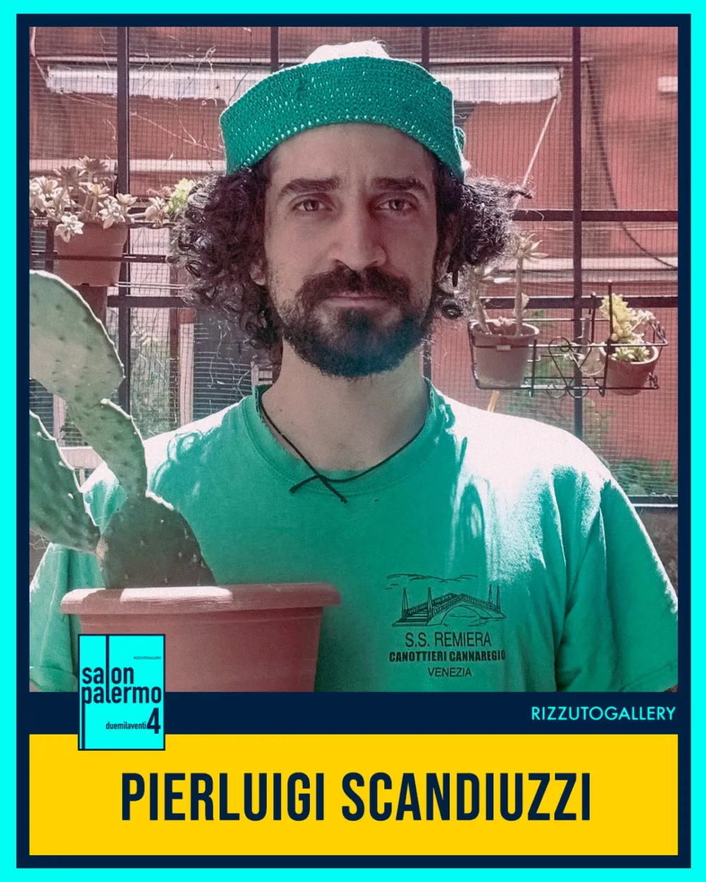 Grafica a figurina: ritratto di Pierluigi Scandiuzzi con un vaso di cactus