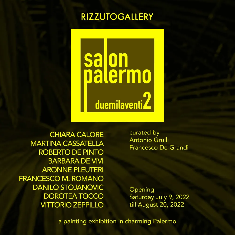 Invito quadrato giallo con logo Salon Palermo duemilaventi2, nomi degli artisti e date