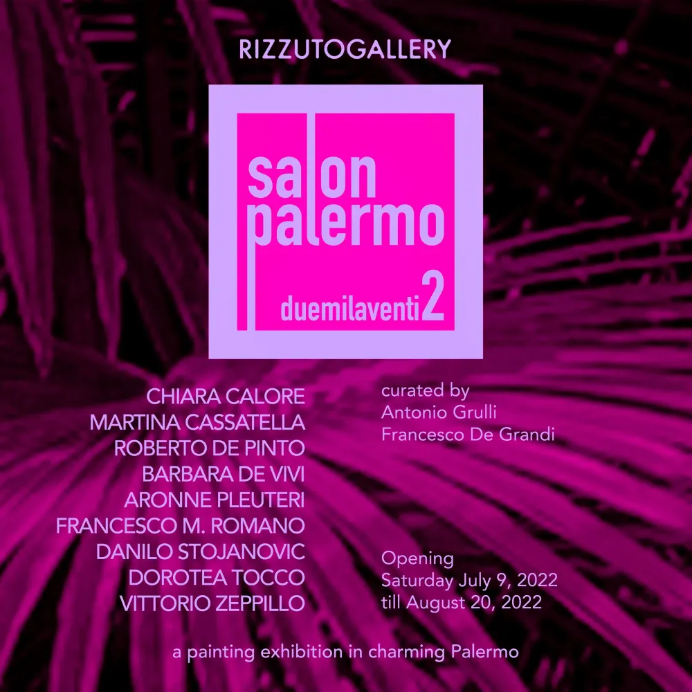 Invito quadrato magenta con logo Salon Palermo duemilaventi2, nomi degli artisti e date