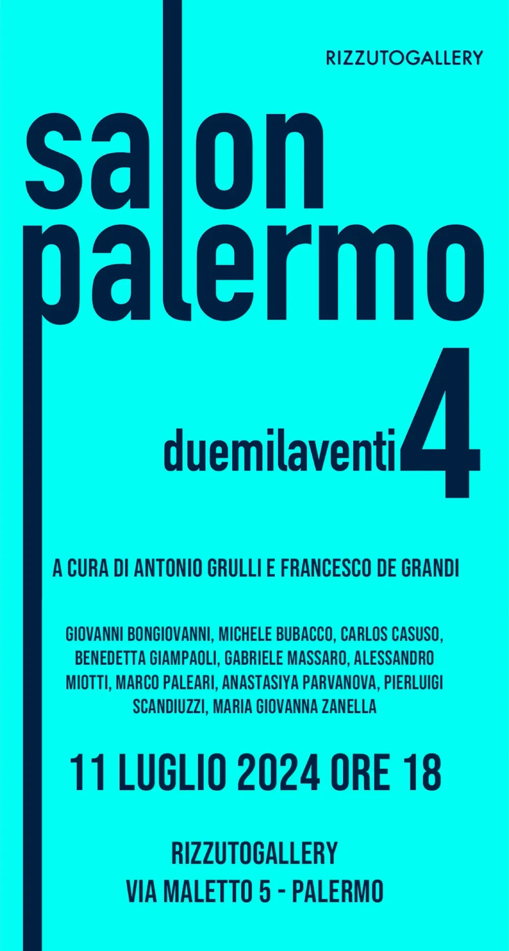 Locandina verticale azzurra di Salon Palermo 4 con curatori, nomi degli artisti, data e indirizzo