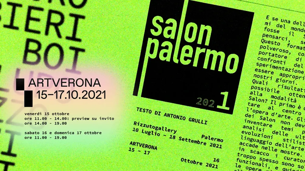 Grafica verde acido con il pieghevole di Salon Palermo inclinato, la scritta ArtVerona 15–17.10.2021 e gli orari della fiera