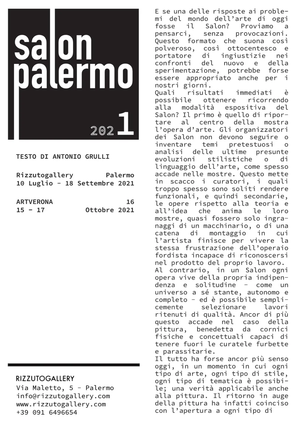 Anta del pieghevole con il logo Salon Palermo 2021, le date di Palermo e di ArtVerona, i contatti della galleria e l'inizio del testo di Antonio Grulli