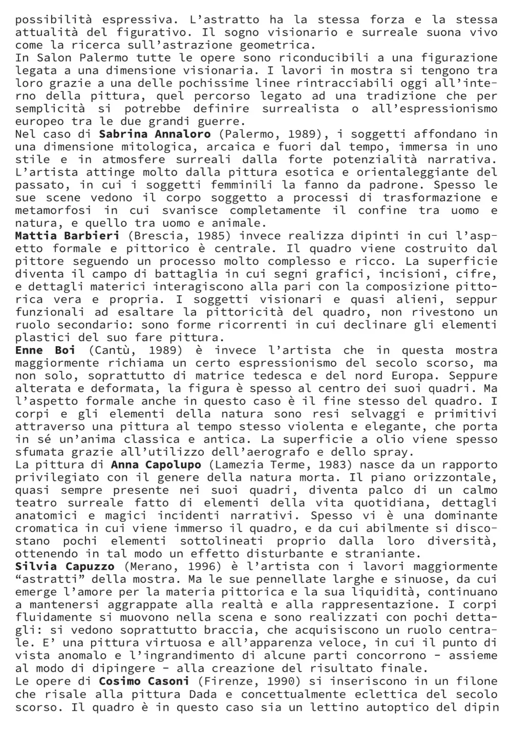 Anta del pieghevole con il testo critico di Antonio Grulli (Annaloro, Barbieri, Enne Boi, Capolupo, Capuzzo)