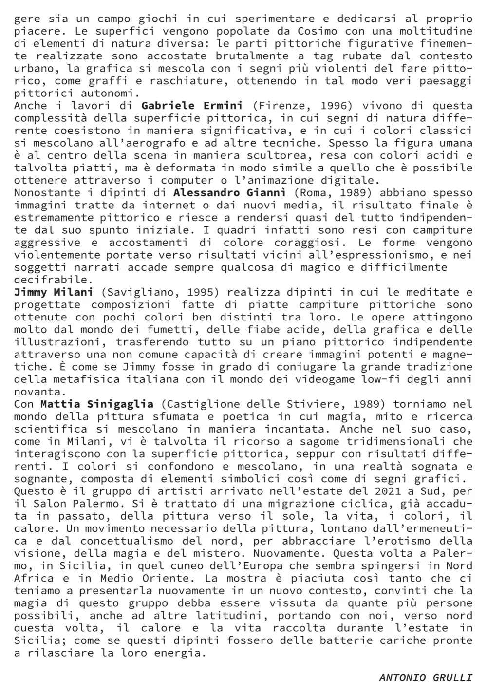 Anta del pieghevole con la parte finale del testo critico di Antonio Grulli, firmata