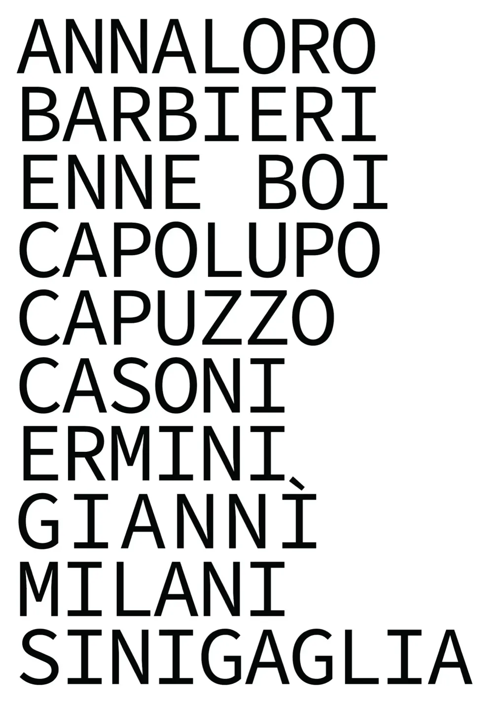 Prima anta del pieghevole: i cognomi dei dieci artisti in grande carattere monospaziato