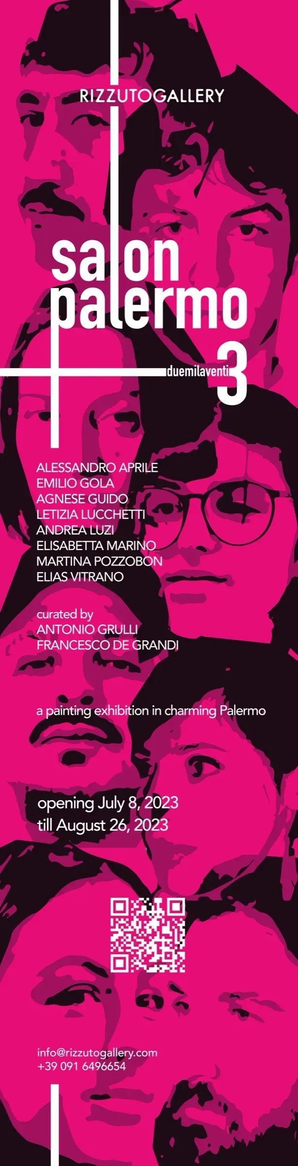 Stendardo verticale magenta con logo Salon Palermo duemilaventi3, volti degli artisti, nomi, curatori e date